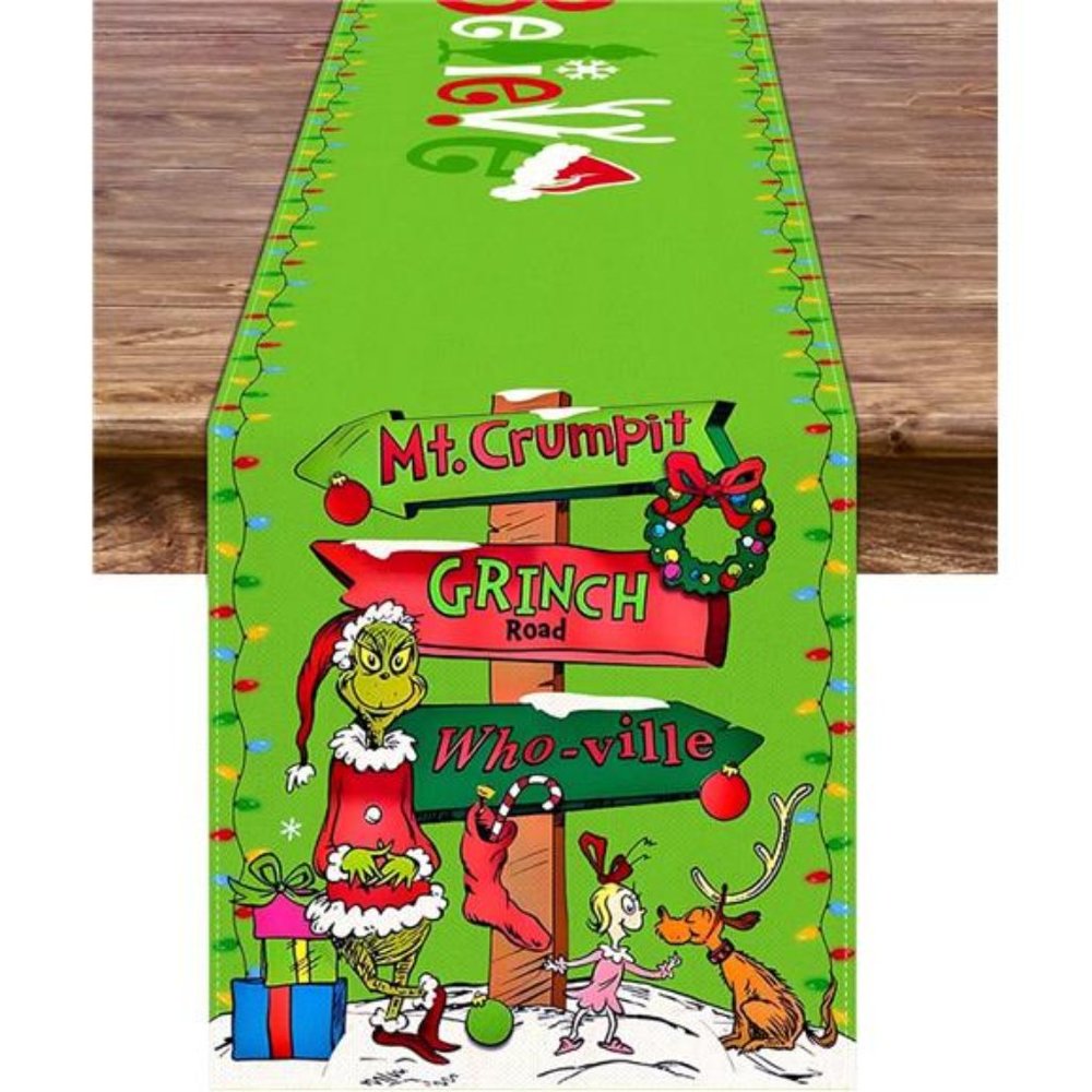 Grinchmas Table Runner Merry Christmas Whoville Winter Holiday Green  13" x 72"
